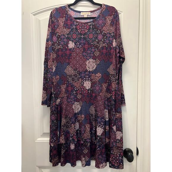 NWT Michael Michael Kors Women’s Patchwork Azalea Tiered Dress Size 2X Purple - Picture 2 of 7